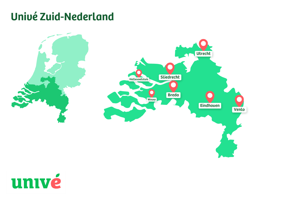 Een kaartje van het verzorgingsgebied van Univé Zuid-Nederland met daarin de plaatsen van de Univé-HUB's en winkels