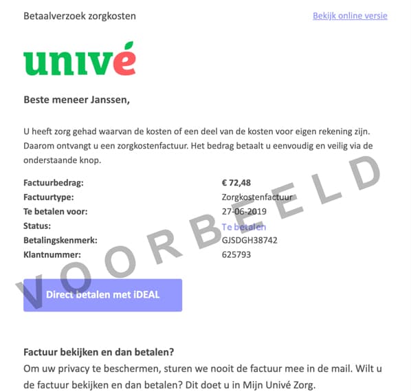 Voorbeeld betaalmail Univé