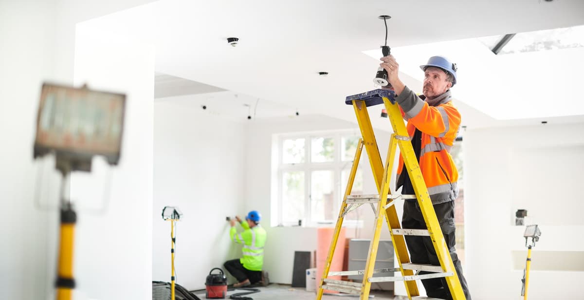 Man staat op een ladder en heeft een helm op, hij installeert verlichting in een woonkamer van een huis