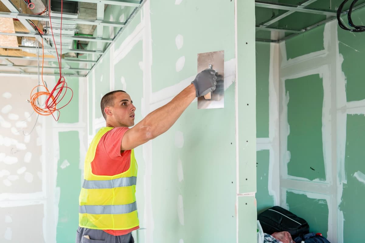 Stukadoor werkt aan een muur van gipsplaten in een huis