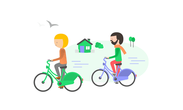 Illustratie van twee personen fietsen door een landschap en passeren een huis