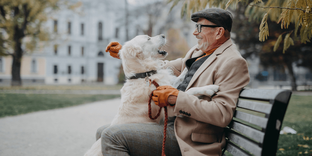 Man met hond buiten bij een bankje