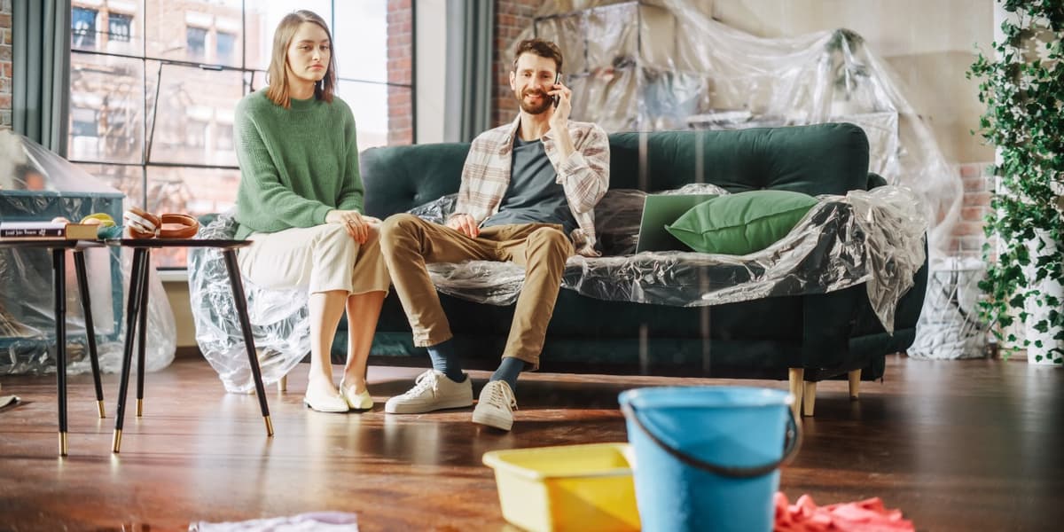 Stel heeft waterschade. Meubels zijn met plastic afgedekt en er staan emmers op de grond om het lekkende water op te vangen.