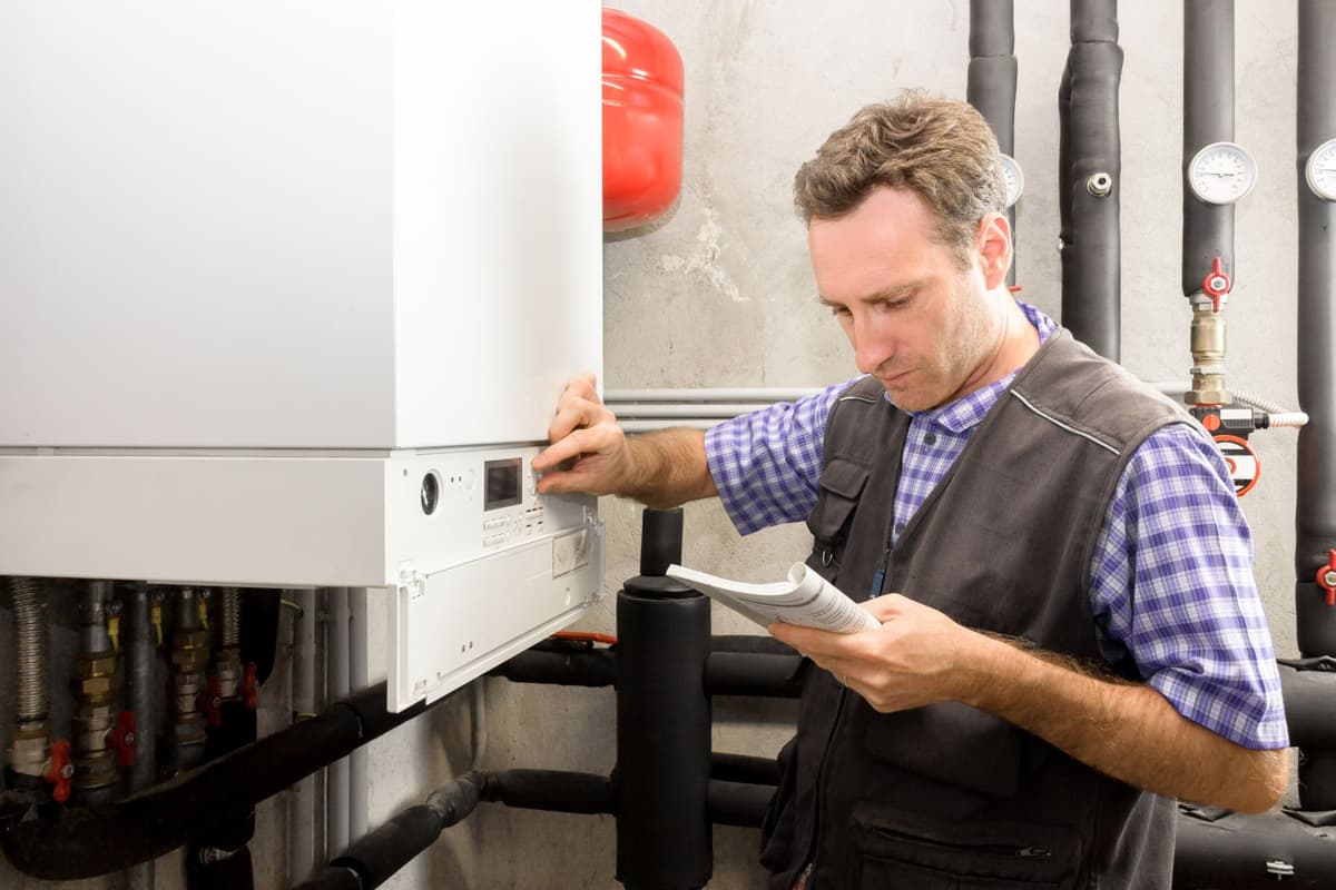 Man staat bij de cv-ketel en leest de handleiding om de installatie te controleren