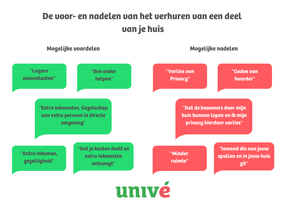 Infographic met een overzicht van de voor- en nadelen van het verhuren van een deel van je huis, zoals extra inkomsten, maar ook minder privacy.