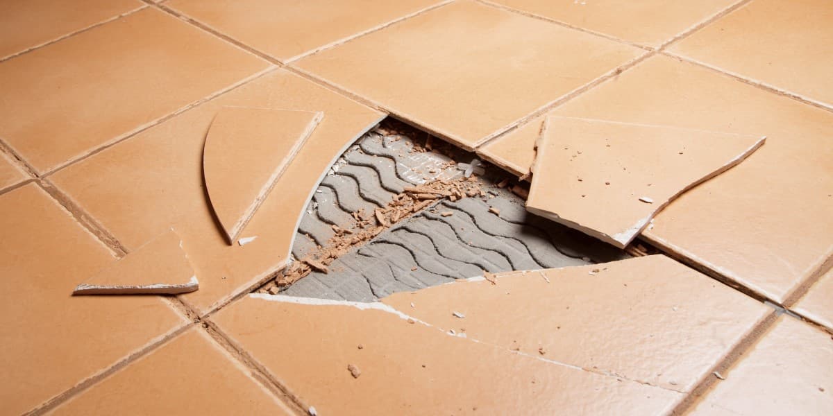 Bruine tegelvloer met twee kapotte tegels