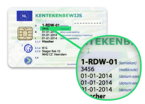 Hier laten we zien waar ‘meldcode’ precies staat op je kentekenkaart.