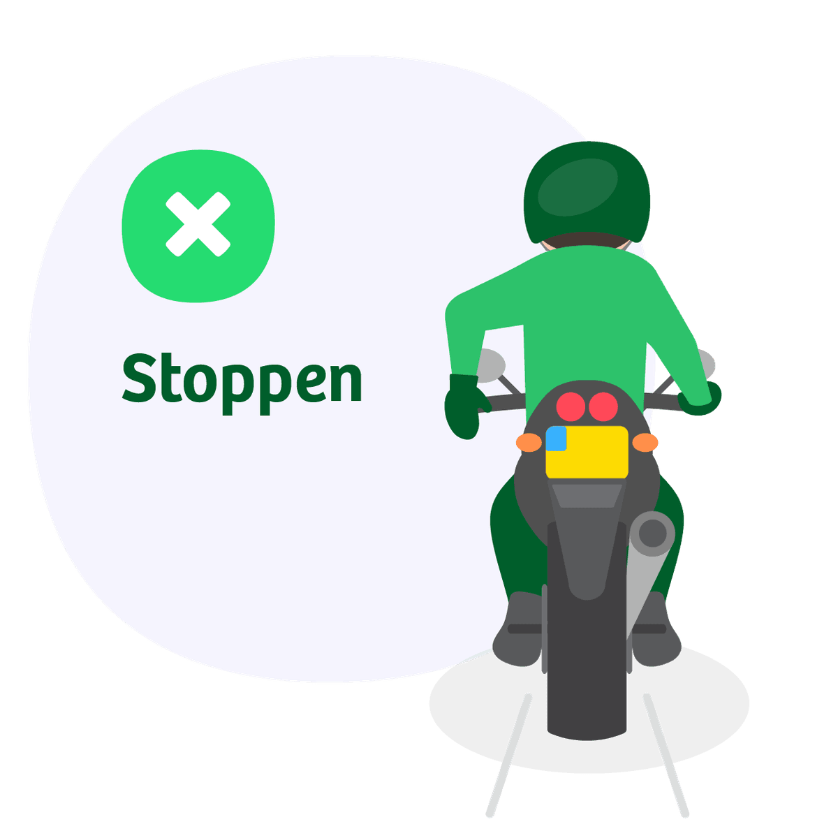 Motorrijder buigt linkerarm naar beneden met handpalm naar achteren: handgebaar voor stoppen