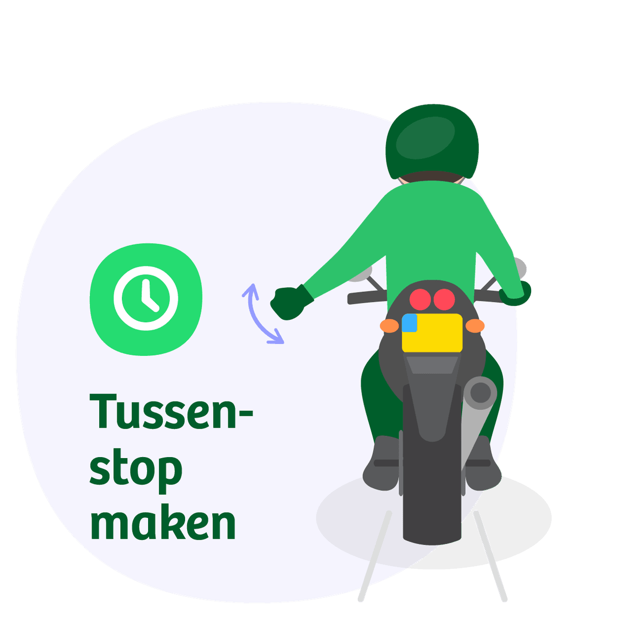 Motorrijder houdt linkerarm schuin naar beneden gestrekt en beweegt vuist op en neer: handgebaar voor tussenstop