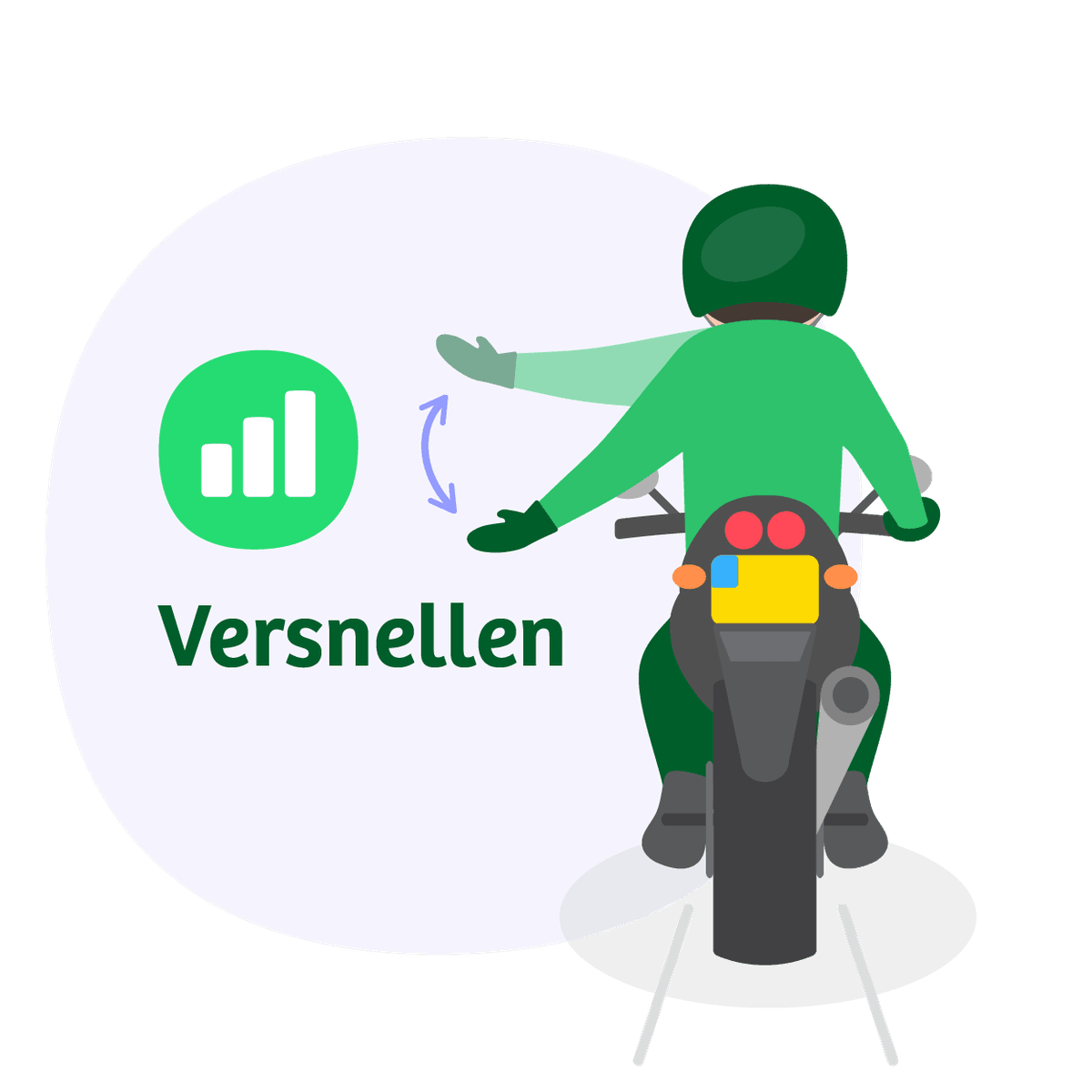 Motorrijder strekt linkerarm opzij met handpalm omhoog en beweegt op en neer: handgebaar voor versnellen