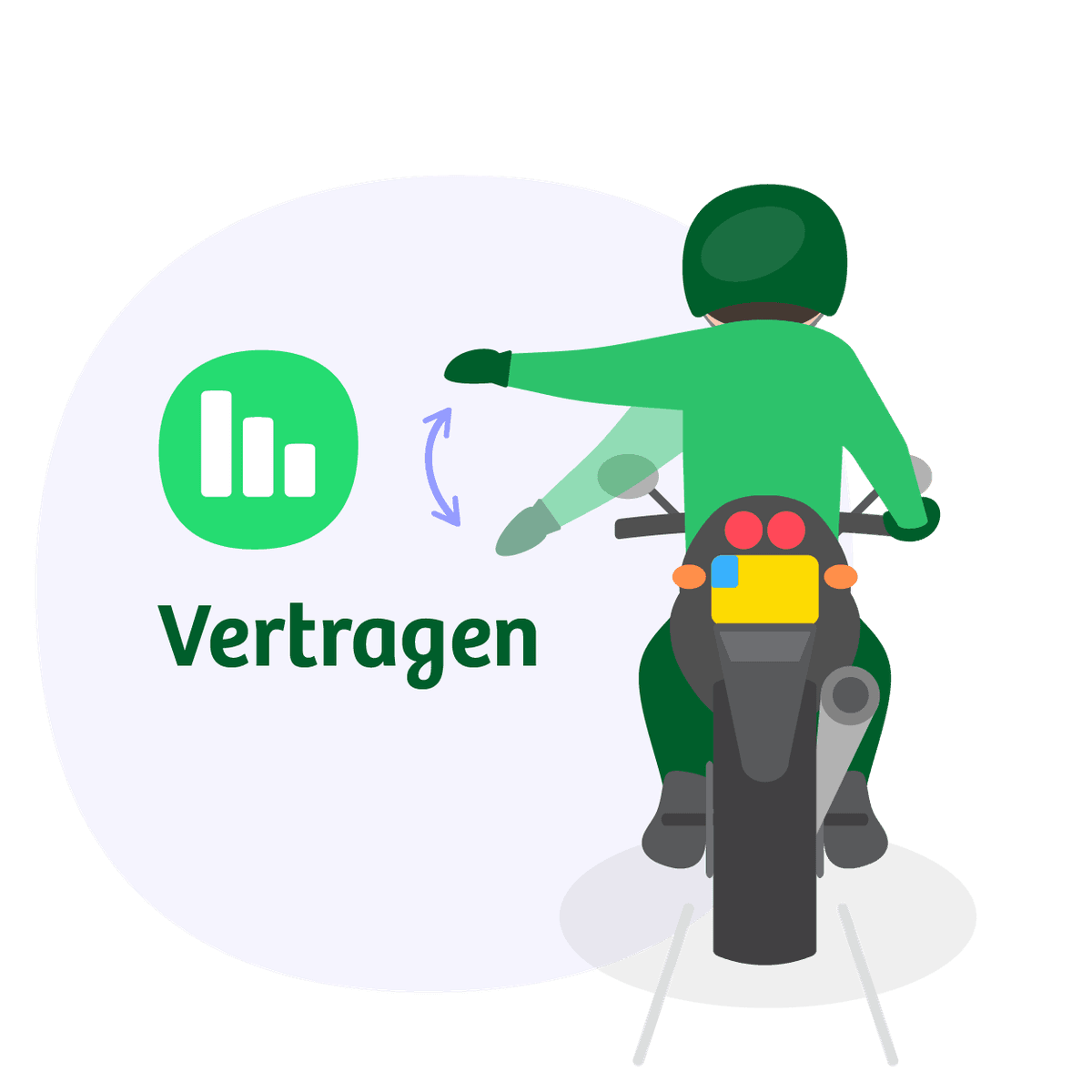 Motorrijder strekt linkerarm opzij met handpalm naar beneden en beweegt op en neer: handgebaar voor vertragen