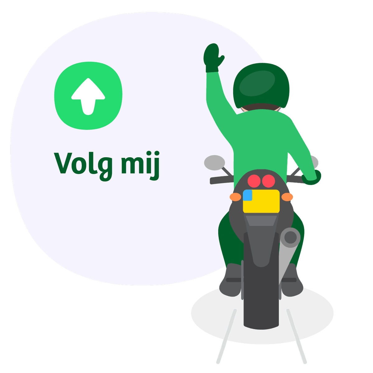 Motorrijder tilt linkerarm op: handgebaar 'volg mij'