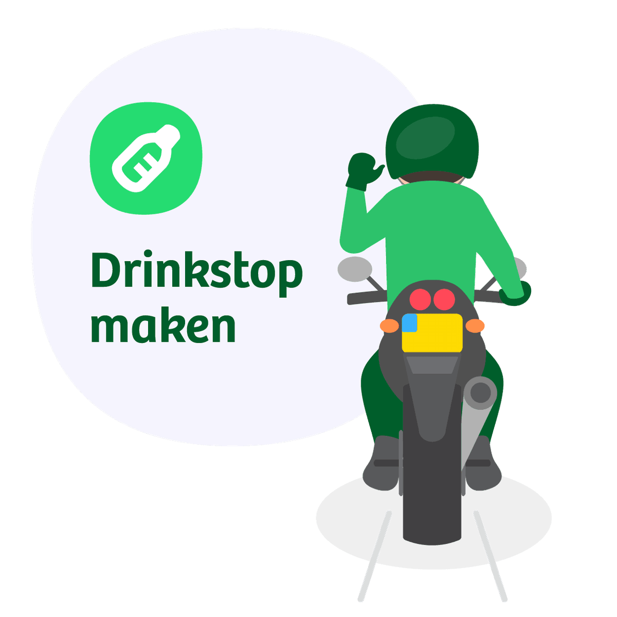 Motorrijder beweegt linkerduim naar mond: handgebaar voor drinkstop
