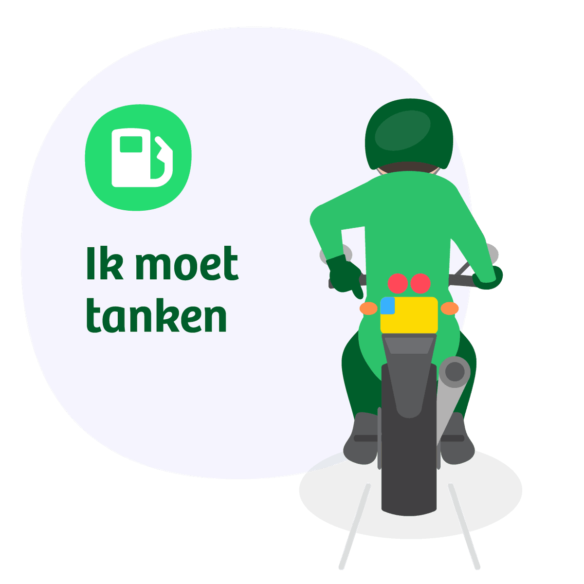 Motorrijder wijst met vinger naar tank: handgebaar voor 'ik moet tanken'