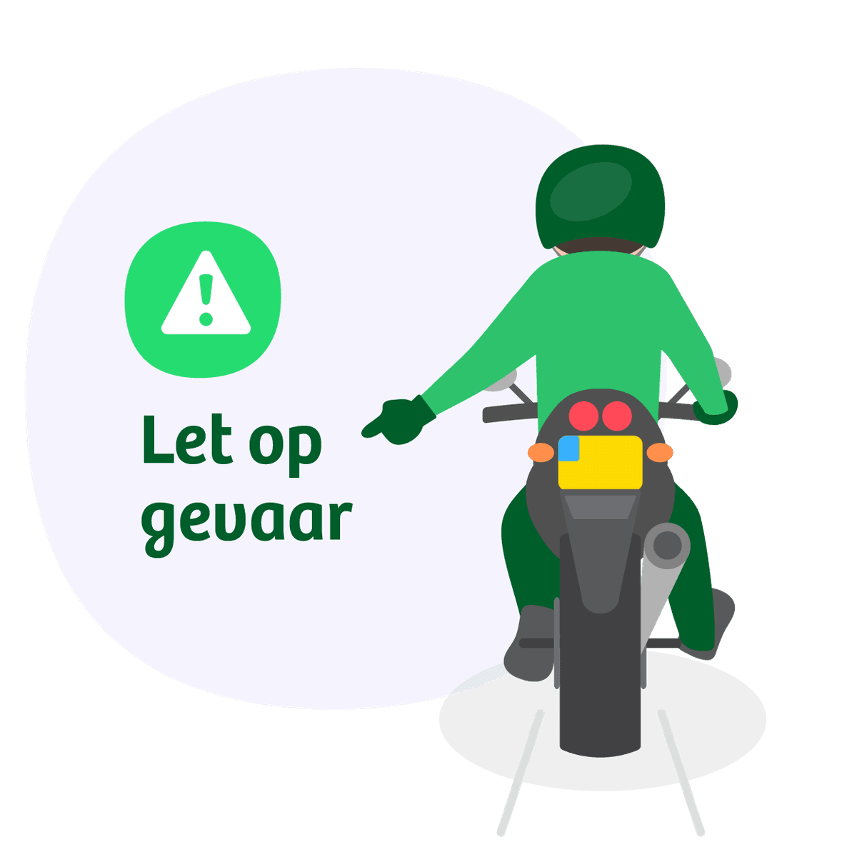 Motorrijder steekt arm opzij en wijst met vinger naar de weg: handgebaar voor gevaar, bijvoorbeeld obstakel op de weg