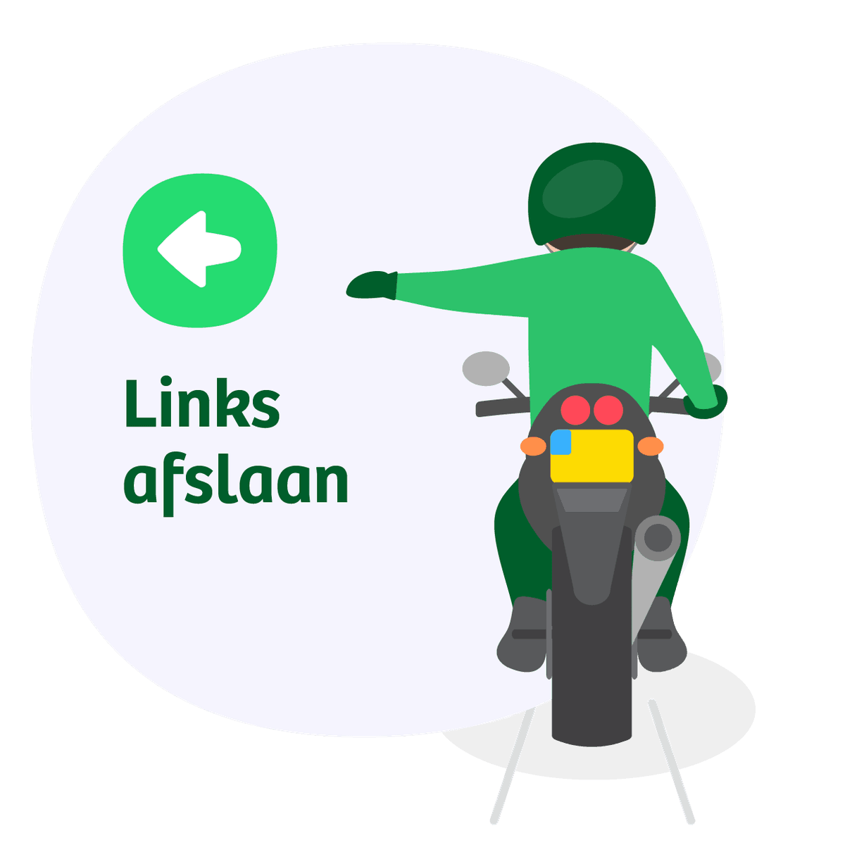 Motorrijder strekt arm naar links met handpalm naar beneden: handgebaar voor links afslaan