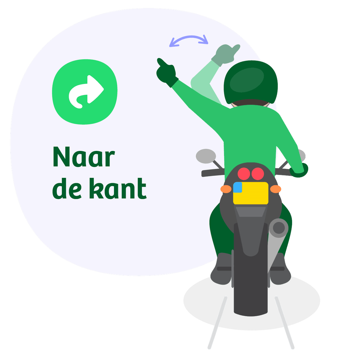 Motorrijder strekt linkerarm uit en zwaait naar rechts: handgebaar voor naar de kant