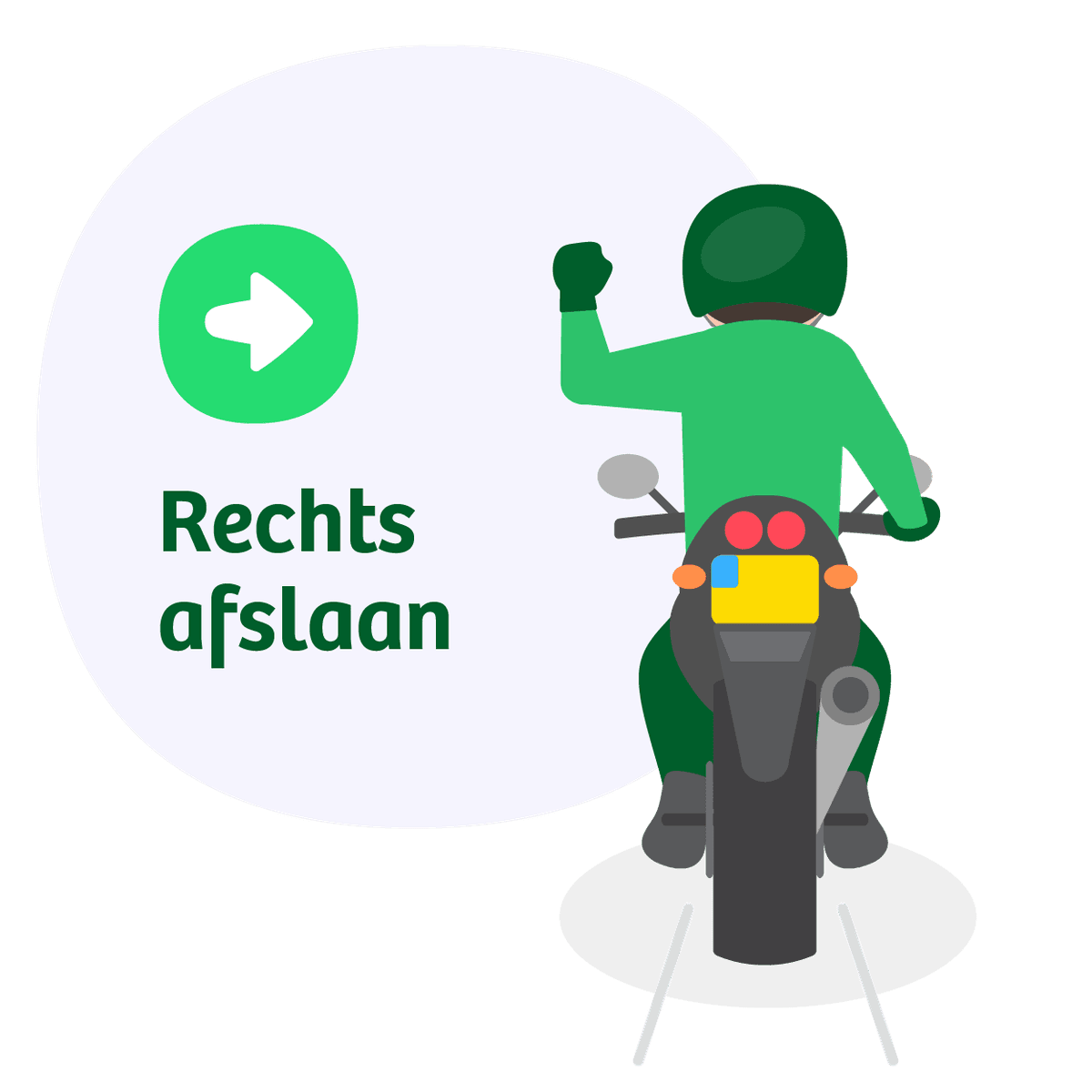 Motorrijder strekt linkerarm opzij en buigt elleboog omhoog met vuist: handgebaar voor rechtsaf slaan