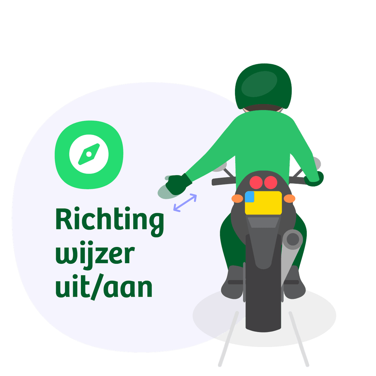 Motorrijder strekt linkerarm opzij en opent en sluit hand: handgebaar richtingaanwijzer aan of uit zetten